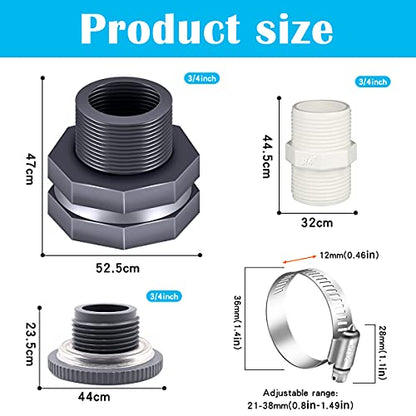 2PCS PVC Bulkhead Fitting 3/4 Inch with Plugs,water Pipe Connector,(21-38mm)Hose Clamps Kit,Water Tank Connector Adapter,Thru-Bulk Pipe Fitting for Rain Barrels,Water Tanks,Pools(Grey)H-07-2 - style: 2Pcs 3/4inch kit