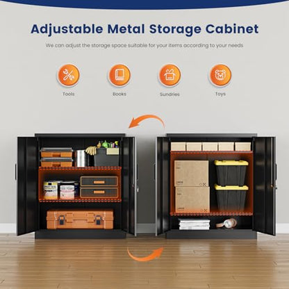 Metal Garage Storage Cabinet with 2 Doors and 2 Adjustable Shelves - 35.5" Steel Lockable File Counter Cabinet for Home Office,Garage,Gym,School（Black）