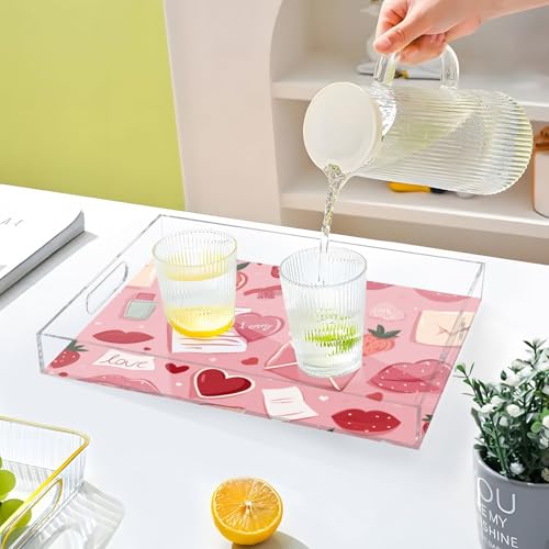 Acrylic Tray Clear Serving Vanity Ottoman Bathroom Coffee Table Countertop Organizer Raised Edge Spill Proof Pink Love Strawberries Hearts Letters - color: Pink Love Strawberries Hearts Letters