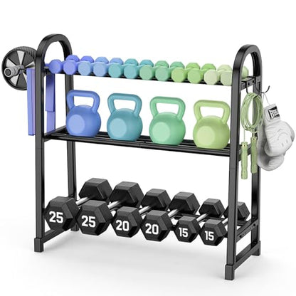 3 Tier Dumbbell Rack - Weight Rack for Home Gym: Stand Only | Heavy Duty Adjustable Storage Rack with Hooks, Dumbbell Stand & Weight Holder, Organizer Shelf for Home Gym - size: 29.96''Length