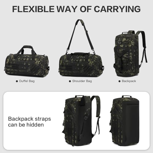 3-in-1 Tactical Gym & Travel Duffle Bag Backpack Men Multi-Functional 45L Military Sports Duffle Bag with Shoe Compartment & Wet Pocket for Workout Weekender Overnight Bag with Molle Webbing, Camo - color: Camo