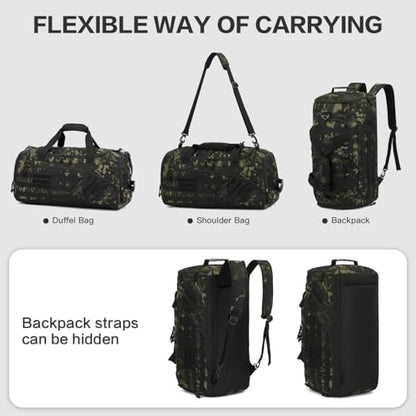 3-in-1 Tactical Gym & Travel Duffle Bag Backpack Men Multi-Functional 45L Military Sports Duffle Bag with Shoe Compartment & Wet Pocket for Workout Weekender Overnight Bag with Molle Webbing, Camo - color: Camo
