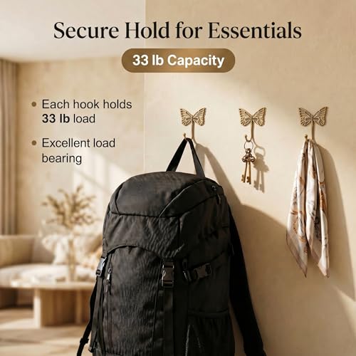 Indian Shelf Solid Brass Butterfly Wall Hooks Gold Coat Hangers Pack of 3