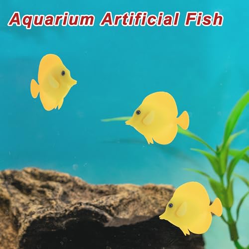 Artificial Glowing Fish, Yellow Silicone Aquarium Fish Ornament, 3.35"L x 2.76"W, Glows in Dark, Modern Animal Theme, Wall Mount, Wipe Clean