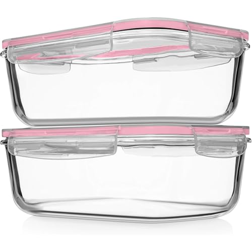 Razab 4 PC 1860ml / 63 Oz / 8 Cups Large Glass Food Storage Containers with Lids - Glass Meal Prep Containers for Roasting & Storing Leftover, Lunch Container with Lids, Microwave & Oven Safe - color: Pink