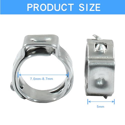Litoexpe 50 Pcs Single Ear Hose Clamp 7.0mm-8.7mm, Hose Crimp Clamps Ear Crimp Rings, Stainless Steel Pinch Clamp for Securing Pipe Hoses and Automotive - size: 7mm-8.7mm