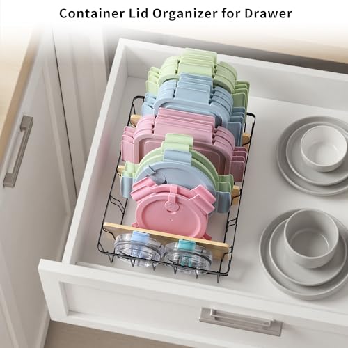 2-Pack Adjustable Lid Organizers - Large Kitchen Cabinet Organizer for Food Storage Container and Tumbler Cup Lids with 6 Bamboo Dividers -Organizers in Kitchen/Pantry/Laundry Room(Size:M+L)