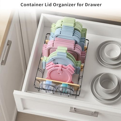 2-Pack Adjustable Lid Organizers - Large Kitchen Cabinet Organizer for Food Storage Container and Tumbler Cup Lids with 6 Bamboo Dividers -Organizers in Kitchen/Pantry/Laundry Room(Size:M+L)
