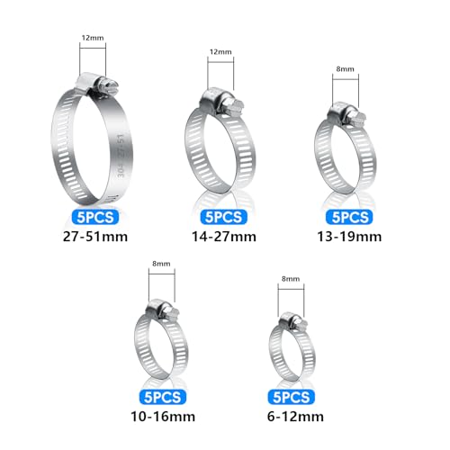 25 Pcs Adjustable Stainless Steel Hose Clamps Assortment, 1/4-2 in (6-51mm) Metal Pipe Clampss, Heavy Duty Automotive Worm Gear Hose Clamps for Plumbing Garden Home Washing Machine, etc