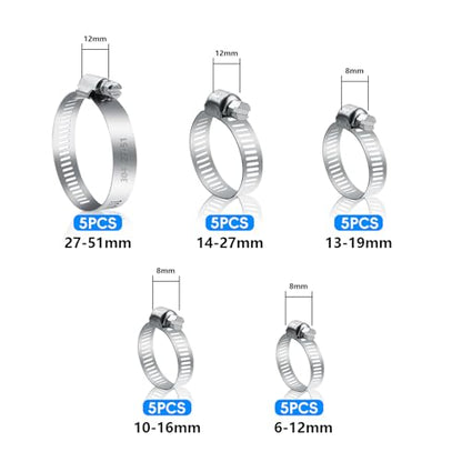 25 Pcs Adjustable Stainless Steel Hose Clamps Assortment, 1/4-2 in (6-51mm) Metal Pipe Clampss, Heavy Duty Automotive Worm Gear Hose Clamps for Plumbing Garden Home Washing Machine, etc