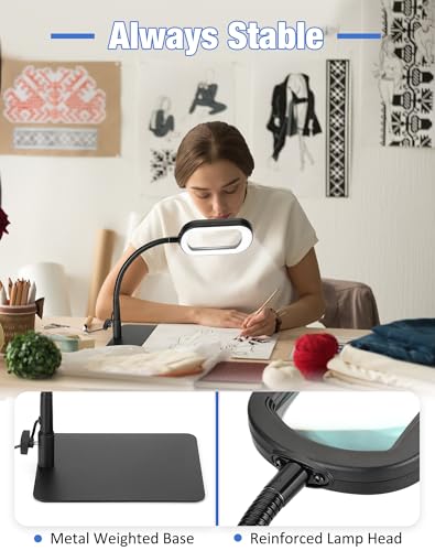 12X Magnifying Glass with Light and Stand LED Magnifier with Light Hands Free Lighted Magnifying Desk Lamp Dimmable for Close Work Craft Read Cross Stitch Sewing Repair Hobby Rectangular - color: Black