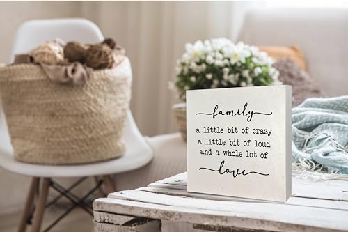 KEUSPI Farmhouse Desk Decor,Family a Little Bit of Crazy Rustic Family Wood Block Plaque Box Sign Desk Decor for Home Living Room Wall Tabletop Shelf Decorations 6x6