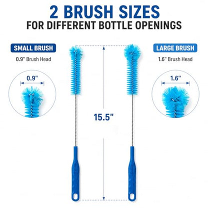 15.5 Inch Long Bottle Brush Set, 0.9” & 1.6” Dual Brush Heads, Fits Bottles with Openings Over 1 Inch, Soft Nylon Bristles for Water Bottles, Kombucha Bottles, Wine Decanters & Mason Jars, 2 Pack