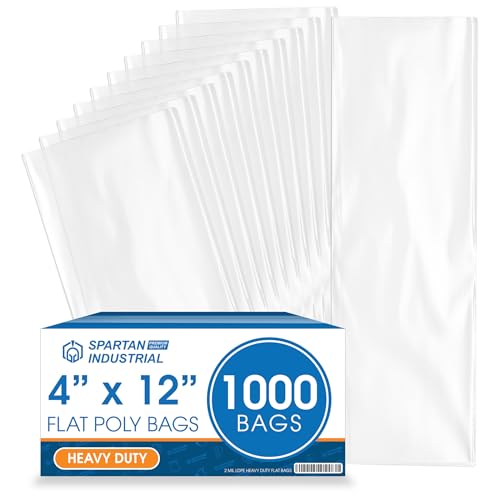 4" X 12" Open-End Flat Poly Bags (1000 Count) - 2 Mil Clear Heat-Sealable Plastic Bags for Packaging, Shipping, Storage - No Adhesive Strip - Spartan Industrial - size: 4" X 12"
