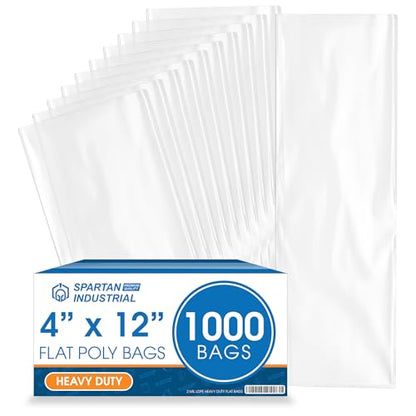 4" X 12" Open-End Flat Poly Bags (1000 Count) - 2 Mil Clear Heat-Sealable Plastic Bags for Packaging, Shipping, Storage - No Adhesive Strip - Spartan Industrial