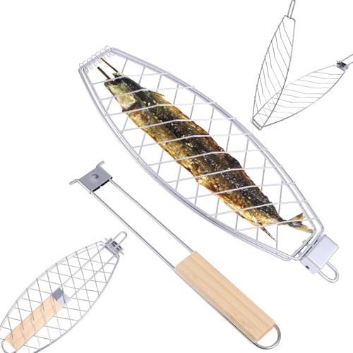 Fish Grill Basket, Iron Foldable Basket with Wooden Handle Non-Stick Grilling Rack Outdoor Cooking Tools Accessories Ideal for Any Fish Barbecue