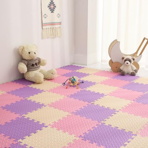 Foam Play Mat, EVA Non-Toxic Interlocking Floor Mats | Tamiplay, ASTM & CPSIA Passed, 11.8 x 11.8″, 0.4″ thick, Non-slip & Waterproof, Easy to clean, Easy Assemble - color: Pink/Beige/Purple, size: 36 Pcs/70.8*70.8