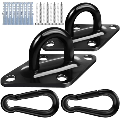 2 Packs M10 Stainless Steel Pad Eye Hooks, Swing Hanger 2204lbs Capacity with M10 Snap Hooks and Heavy-Duty Screws , for Porch Hammock Hanging Kit, Punching Bag, Yoga,Swing Hanging, Wall/Ceiling Mount
