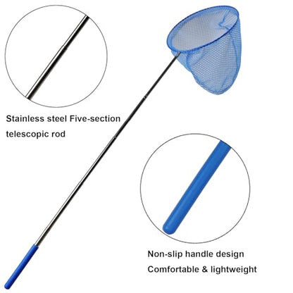 Kids Fishing Net Set – Telescopic Landing Net with Bucket, Small Butterfly & Bug Net, Storage Bag for Freshwater Lake Pond Garden Outdoor Activities - color: Blue