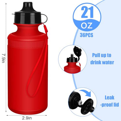 Zubebe 36 Pcs Sports Water Bottles Squeeze Bulk 21 oz | Reusable Plastic Water Bottles with Carry Strap, Back to School Supplies Summer Team Gifts for Students Travel Hiking Cycling - color: Red