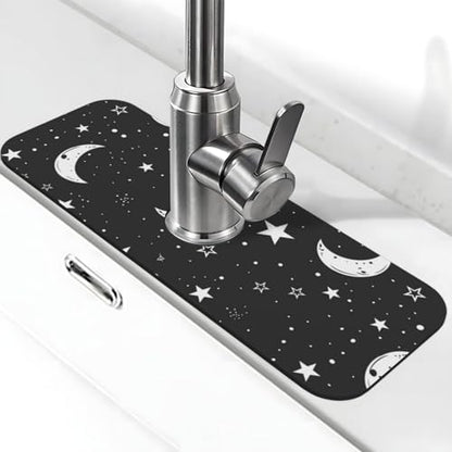 Faucet Draining Mat For Kitchen Sink, Moons Stars White Diatom Mud Absorbent Drain Pad For Bathroom Kitchen Sink Splash Guard Drying Mat - color: Moons Stars White