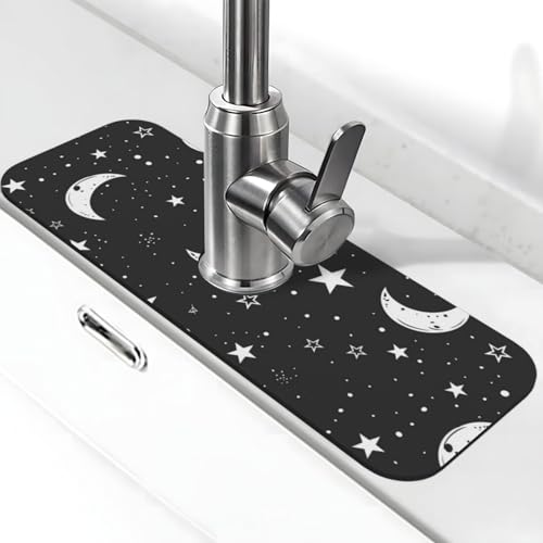 Faucet Draining Mat For Kitchen Sink, Moons Stars White Diatom Mud Absorbent Drain Pad For Bathroom Kitchen Sink Splash Guard Drying Mat - color: Moons Stars White