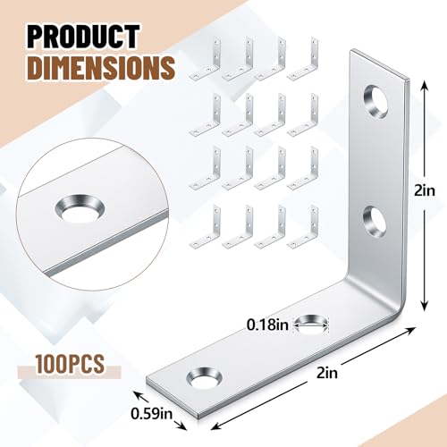 100 Pcs 2 Inch Corner Brackets 4 Hole Bracket Steel with Zinc Plated L Shaped Joint Right Angle Braces with Screws for Furniture, Shelves, Cabinets, and DIY Project