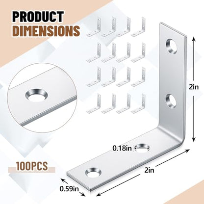 100 Pcs 2 Inch Corner Brackets 4 Hole Bracket Steel with Zinc Plated L Shaped Joint Right Angle Braces with Screws for Furniture, Shelves, Cabinets, and DIY Project