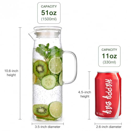 Glass Pitcher with Lid Glass Water Carafe with Handle, Fridge Water Jug Cold or Hot Beverages, Iced Tea, Milk, Juice 1500ml/51oz - color: Clear-pitcher