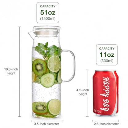 Glass Pitcher with Lid Glass Water Carafe with Handle, Fridge Water Jug Cold or Hot Beverages, Iced Tea, Milk, Juice 1500ml/51oz - color: Clear-pitcher