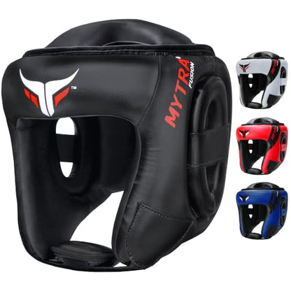 Mytra Fusion Boxing Headgear MMA Headgear Martial Arts Sparring Gear Headgear for Kickboxing, Muay Thai and Karate Training (Black, S/M)