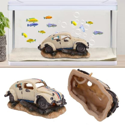 Simulation Resin Sedan Car Aquarium Ornament Heavy Base Design Fish Tank Decor with Multiple Holes for Fresh Saltwater