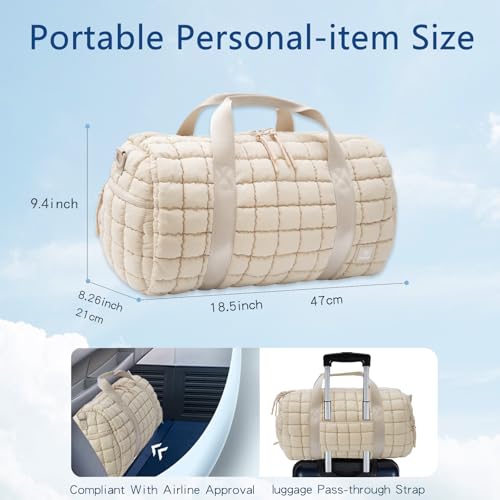 Quilted Gym Bag for Women,Duffle Bag for Travel with Wet Pocket,Carry on Weekender Bags for Women,Travel Bag with Shoe Compartment(Beige) - color: Beige