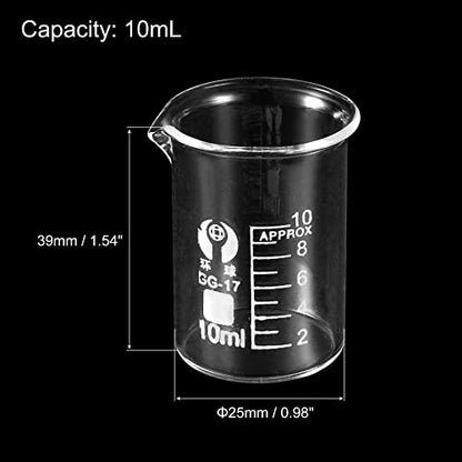 PATIKIL 3Pcs 10ml Low Form Glass Beaker, 3.3 Borosilicate Glass Graduated Printed Scale Measuring Cups with Spout for Kitchen Lab Liquids - size: 10ml