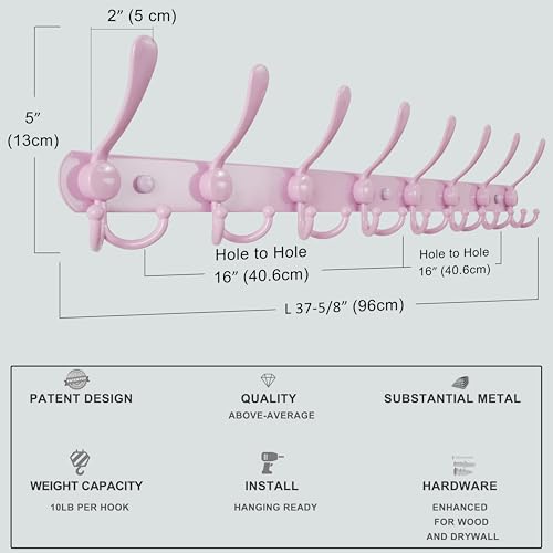 Dseap Coat Rack Wall Mount - 38” Long 10-Tri-Hooks Heavy Duty Coat Hanger Rail Wall Hooks for Hanging Coats Hats Clothing Clothes Purse Mudroom Entryway, Pink - color: Pink, size: L=38” (1 Pcs)