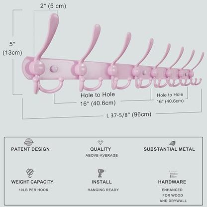 Dseap Coat Rack Wall Mount - 38” Long 10-Tri-Hooks Heavy Duty Coat Hanger Rail Wall Hooks for Hanging Coats Hats Clothing Clothes Purse Mudroom Entryway, Pink, Pack of 2 - color: Pink, size: L=38” (2 Pcs)