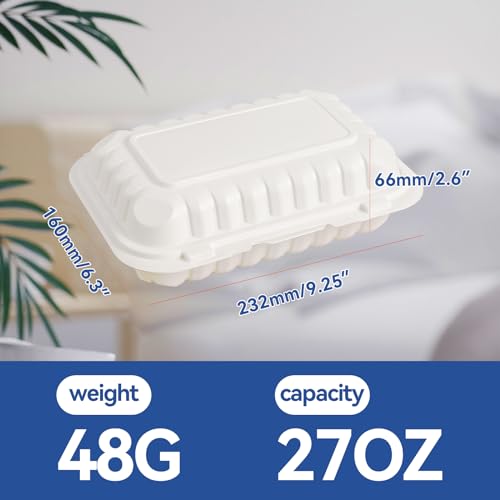 9x6 27 oz 50 Pack To Go Containers - Shrink Wrap Ready to Use | Mineral Filled PP BPA Free Clamshell | Freezer Microwave Safe | White Reusable Food Boxes for Commercial, Sandwiches & Salad - size: 9x6 inch 27 oz