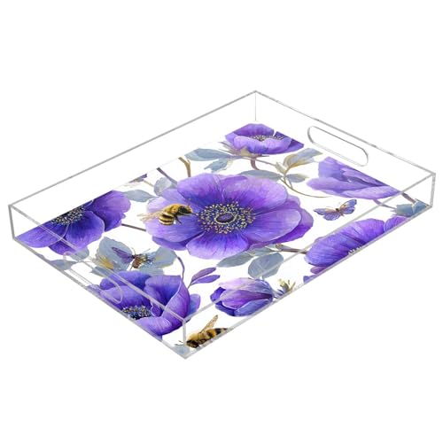 Acrylic Tray Clear Serving Vanity Ottoman Bathroom Coffee Table Countertop Organizer Raised Edge Spill Proof Purple Anemone Bees - color: Purple Anemone Bees