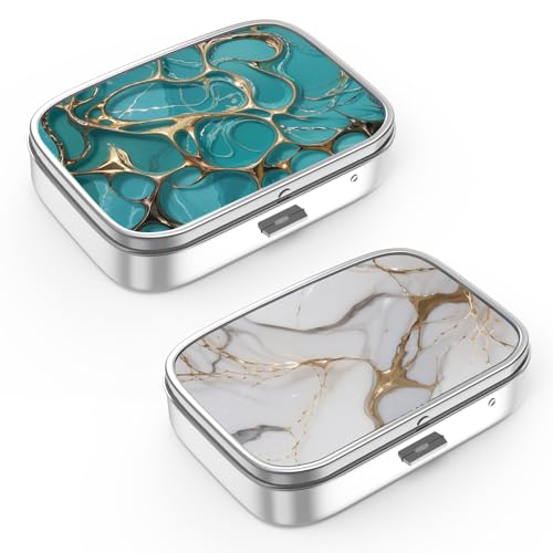Pill Box 2 Compartment Small Pill Case,Portable for Pocket or Purse Pill Organizer Pill Container Holder to Hold Vitamins, Medication, Fish Oil and Supplements(2PCS) - color: Set-2-green Marble+gray Marbling Gold, size: 2 Pieces