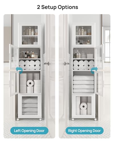 Vtopmart 63.2" Tall Slim Bathroom Storage Cabinet with 4 Adjustable Shelves and 4 Doors, Freestanding Narrow Cabinets Organizer with Wheels and Anti-tip for Laundry, Kitchen, Pantry, White