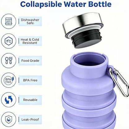 YCT Collapsible Water Bottle 17oz（500ml），Travel Portable Sport Water Bottle，Reusable Silicone Foldable Water Bottles for Gym Camping Hiking (Purple+Pink) - color: Purple+Pink