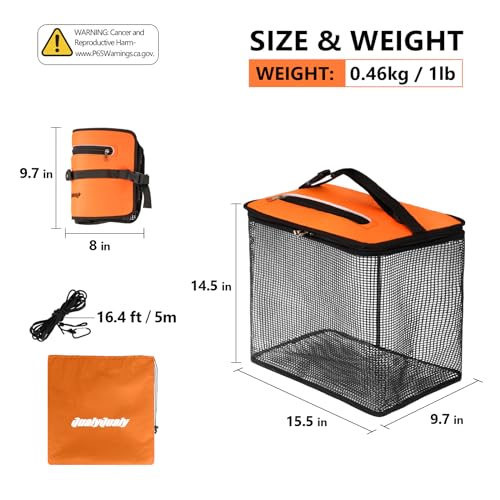 Floating Fish Basket for Live Caught, 10/15 Gallons Foldable Fishing Holder Minnow Bucket Portable Collapsible Fishing Net Storage Cage for Live Fish Bait Live Well