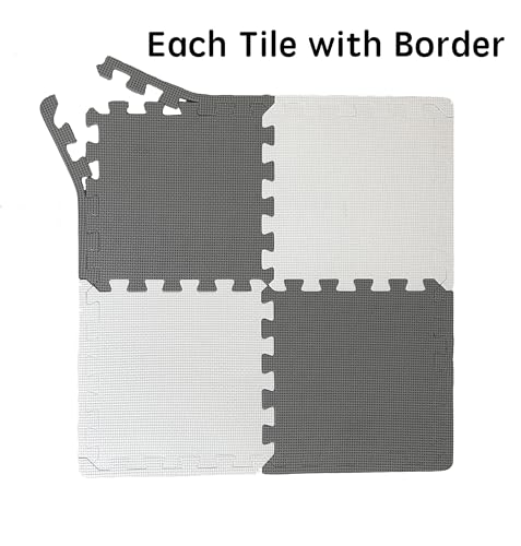 18 Pieces Foam Play Mat, Interlocking Playmat Tiles, Foam Floor Mat Tiles, Puzzle Play Mats, Exercise Gym Mats – Color of Gray & White with Border