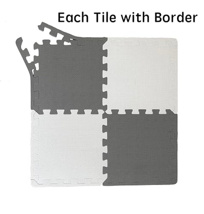 18 Pieces Foam Play Mat, Interlocking Playmat Tiles, Foam Floor Mat Tiles, Puzzle Play Mats, Exercise Gym Mats – Color of Gray & White with Border