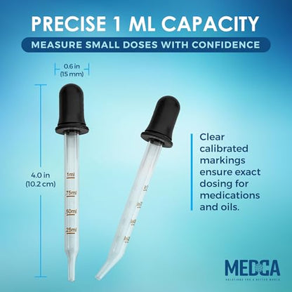 MEDca Eye Dropper - (Pack of 2) Bent & Straight Tip Calibrated Glass Medicine Droppers for Medications or Essential Oils Dropper for Accurate Easy Dose and Measurement (1 mL Capacity)