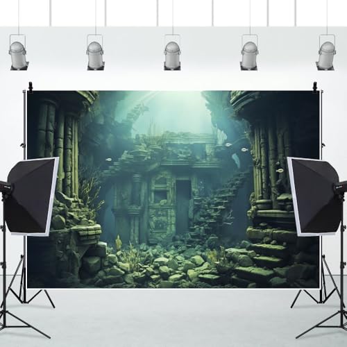 7x5ft Underwater Backdrop Undersea Roman Building Gothic Style Palace Mid Century Photography Background Aquarium Building Stone with Fish Seaweed Deep Sea Sunlight Decor