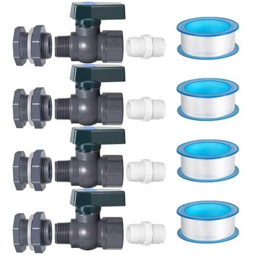 4 Pack Rain Barrel Spigot Kit with PVC Bulkhead Fitting Water Barrel Spigot Garden Hose Bulkhead Fitting with Hose Faucet Adapter and Thread Seal Tape for Garden,Aquariums,Water Tanks,Tubs,Pool