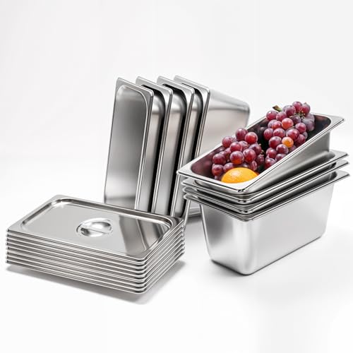 8 Pack Stainless Steam Hotel pan 1/3 Size x 6 inch Deep Table Pan with Lid Food Storage Containers Anti Steam Pan Restaurant Anti Clogging Steamer 12.8 x 6.9 x 5.9 inch for Party, Restaurant, Hotel