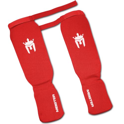 Meister MMA Elastic Cloth Shin & Instep Padded Guards (Pair) - color: Red, size: Small-Medium