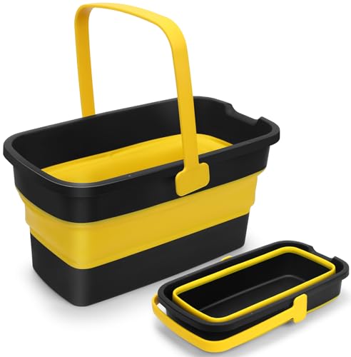 Collapsible Mop Bucket for Cleaning with Handle, Silicone Square Wash Bucket for Windows Cleaning Car Washing,Cleaning Supplies Organizer Plastic Water Bucket for Storage Household use, 3-Gallon - color: Grey Yellow